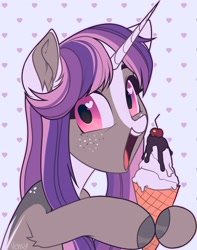 Size: 1780x2256 | Tagged: safe, artist:vensual99, derpibooru import, oc, oc only, pony, unicorn, abstract background, bust, female, food, heart, heart eyes, horn, ice cream, mare, solo, wingding eyes