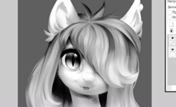 Size: 1080x662 | Tagged: safe, artist:vensual99, derpibooru import, oc, oc only, bat pony, pony, black and white, bust, ear tufts, fangs, female, forked tongue, grayscale, hair over one eye, mare, monochrome, slit eyes, solo, wip