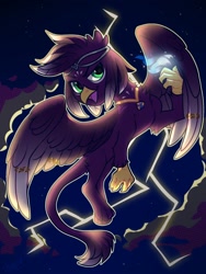 Size: 1500x2000 | Tagged: safe, artist:vensual99, derpibooru import, oc, oc only, griffon, circlet, flying, jewelry, lightning, magic, male, necklace, solo, wing jewelry, wings