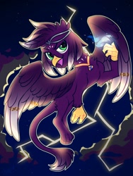 Size: 1500x2000 | Tagged: safe, alternate version, artist:vensual99, derpibooru import, oc, oc only, griffon, circlet, flying, jewelry, lightning, magic, male, necklace, solo, wing jewelry, wings