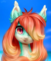 Size: 1368x1610 | Tagged: safe, artist:vensual99, derpibooru import, oc, oc only, bat pony, pony, bust, countershading, ear fluff, ears, fangs, female, forked tongue, hair over one eye, mare, slit eyes, solo