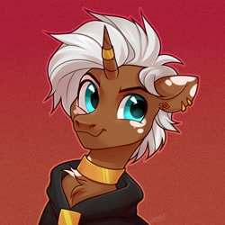 Size: 2000x2000 | Tagged: safe, artist:vensual99, derpibooru import, oc, oc only, pony, unicorn, bust, cloak, clothes, ear piercing, earring, gradient background, horn, horn ring, jewelry, male, necklace, piercing, ring, solo, stallion