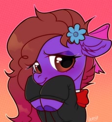 Size: 2000x2174 | Tagged: safe, artist:vensual99, derpibooru import, oc, oc only, earth pony, pony, abstract background, blushing, bow, clothes, ear fluff, ears, female, flower, flower in hair, gradient background, mare, solo, sweater