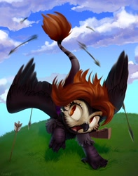 Size: 1699x2160 | Tagged: safe, artist:vensual99, derpibooru import, oc, oc only, griffon, arrow, running, solo