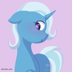 Size: 2047x2048 | Tagged: safe, artist:eltrash_art6, derpibooru import, trixie, pony, unicorn, g4, blushing, cute, diatrixes, female, horn, mare, purple background, simple background, solo