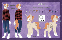 Size: 7000x4500 | Tagged: safe, artist:lunciakkk, derpibooru import, oc, oc:mckeypl, anthro, pony, unguligrade anthro, unicorn, absurd resolution, beard, blaze (coat marking), butt, coat markings, colored, ear fluff, ears, facial hair, facial markings, flat colors, horn, male, plot, reference sheet, self paradox, self ponidox, solo