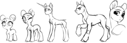 Size: 1795x619 | Tagged: safe, artist:vensual99, derpibooru import, earth pony, pony, unicorn, black and white, concave belly, grayscale, height difference, horn, long horn, monochrome, physique difference, simple background, sketch, slender, style comparison, thin, white background