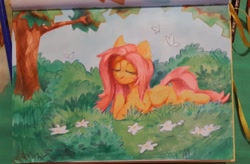 Size: 1080x708 | Tagged: safe, artist:vensual99, derpibooru import, fluttershy, butterfly, pegasus, pony, g4, eyes closed, female, flower, forest, lying down, mare, nature, prone, solo, traditional art, tree