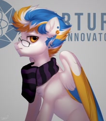 Size: 1492x1704 | Tagged: safe, artist:vensual99, derpibooru import, oc, oc only, pegasus, pony, chest fluff, clothes, colored wings, ear piercing, earring, glasses, jewelry, male, piercing, portal (valve), scarf, solo, stallion, striped scarf, wings