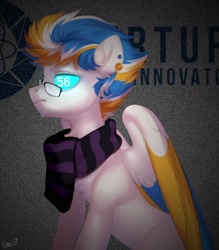 Size: 1492x1704 | Tagged: safe, alternate version, artist:vensual99, derpibooru import, oc, oc only, pegasus, pony, blue eyes, chest fluff, clothes, colored wings, ear piercing, earring, glasses, jewelry, male, piercing, portal (valve), scarf, solo, stallion, striped scarf, wings