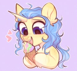 Size: 1094x1000 | Tagged: safe, artist:vensual99, derpibooru import, oc, oc only, pony, unicorn, eating, female, floating heart, food, heart, horn, ice cream, licking, mare, purple background, simple background, solo, tongue, tongue out