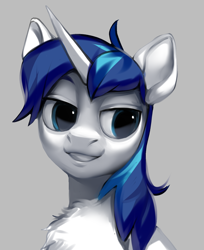 Size: 1216x1488 | Tagged: safe, artist:vensual99, derpibooru import, shining armor, pony, unicorn, g4, bust, chest fluff, gray background, horn, male, simple background, solo, stallion