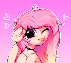 Size: 1542x1368 | Tagged: safe, artist:vensual99, derpibooru import, oc, oc only, pegasus, pony, bust, chest fluff, choker, female, floating heart, gradient background, heart, mare, not fluttershy, one eye closed, solo, wink