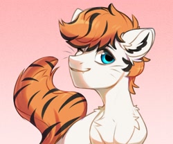 Size: 1628x1352 | Tagged: safe, artist:vensual99, derpibooru import, oc, oc only, cat, cat pony, original species, pony, cat tail, chest fluff, fangs, gradient background, male, one eye closed, solo, stallion, tail, whiskers, wink