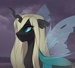 Size: 1536x1388 | Tagged: safe, artist:vensual99, derpibooru import, oc, oc only, changeling, changeling queen, pony, eye clipping through hair, female, mare, slit eyes, solo