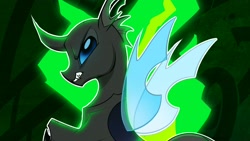 Size: 2000x1125 | Tagged: safe, artist:vensual99, derpibooru import, changeling, pony, abstract background, fangs, solo