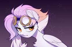 Size: 2370x1535 | Tagged: safe, artist:vensual99, derpibooru import, oc, oc only, pegasus, pony, chest fluff, female, goggles, goggles on head, gradient background, mare, solo