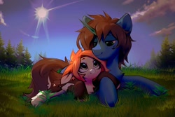 Size: 1280x853 | Tagged: safe, artist:vensual99, derpibooru import, oc, oc only, pegasus, pony, unicorn, cloud, duo, duo male and female, female, grass, horn, lying down, male, mare, prone, stallion, sun