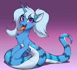 Size: 2840x2576 | Tagged: safe, artist:vensual99, derpibooru import, oc, oc only, oc:triksa, original species, pony, snake, snake pony, unicorn, g4, chest fluff, female, forked tongue, gradient background, horn, mare, not trixie, slit eyes, solo, species swap, tongue, tongue out