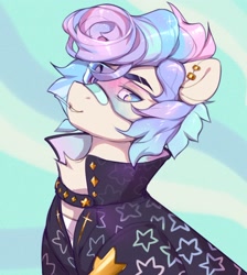 Size: 2508x2803 | Tagged: safe, artist:vensual99, derpibooru import, oc, oc only, earth pony, pony, abstract background, bandaid, bandaid on nose, chest fluff, clothes, ear piercing, earring, eyebrow slit, eyebrows, jacket, jewelry, male, piercing, solo, stallion, visor