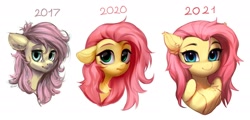 Size: 3032x1460 | Tagged: safe, artist:vensual99, derpibooru import, fluttershy, pegasus, pony, g4, 2017, 2020, 2021, bust, chest fluff, female, mare, progression, simple background, solo, white background