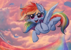 Size: 2835x2004 | Tagged: safe, artist:vensual99, derpibooru import, rainbow dash, pegasus, pony, g4, chest fluff, cute, dashabetes, feather, female, flying, mare, open mouth, open smile, rainbow, rainbow trail, smiling, solo