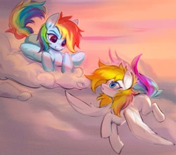 Size: 1711x1509 | Tagged: safe, artist:vensual99, derpibooru import, rainbow dash, oc, pegasus, pony, g4, blushing, cloud, duo, duo female, female, flying, lying down, lying on a cloud, mare, on a cloud, prone, spread wings, wings