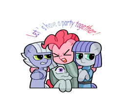 Size: 1200x1100 | Tagged: safe, artist:shedu256, derpibooru import, limestone pie, marble pie, maud pie, pinkie pie, earth pony, pony, :3, eyes closed, female, glare, lofter, mare, pie sisters, scared, siblings, simple background, sisters, text, white background