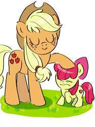 Size: 1080x1440 | Tagged: safe, artist:cuiyingying405, derpibooru import, apple bloom, applejack, earth pony, pony, g4, apple sisters, duo, duo female, eyes closed, female, filly, foal, grass, head pat, lofter, mare, pat, petting, siblings, simple background, sisters, smiling, white background