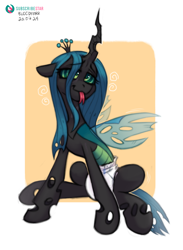 Size: 3176x4339 | Tagged: safe, artist:bloodymrr, derpibooru import, queen chrysalis, changeling, changeling queen, g4, abdl, commission, crown, diaper, diaper fetish, ears back, eyebrows, eyebrows visible through hair, female, fetish, forked tongue, hypno eyes, jewelry, non-baby in diaper, orange background, passepartout, regalia, simple background, sitting, sitting on floor, smiling, solo, tongue, tongue out, white background, wings