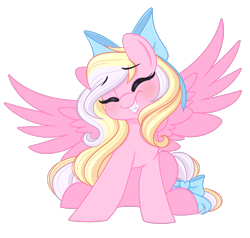 Size: 1632x1551 | Tagged: safe, artist:emberslament, derpibooru import, oc, oc only, oc:bay breeze, pegasus, pony, blue bow, blushing, bow, cute, eyebrows, eyebrows visible through hair, eyelashes, eyes closed, female, hair accessory, hair bow, happy, mane accessory, mare, pegasus oc, pink coat, simple background, sitting, smiling, solo, spread wings, tail, tail accessory, tail bow, transparent background, two toned mane, two toned tail, wings