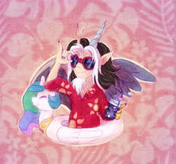 Size: 6935x6460 | Tagged: safe, artist:equmoria, derpibooru import, discord, princess celestia, human, g4, absurd resolution, floaty, glass, glasses, grin, horn, horned humanization, horns, humanized, inflatable, inflatable alicorn, inflatable toy, pool toy, smiling, solo, summer, summertime, swanlestia, winged humanization, wings