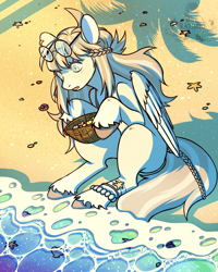 Size: 1602x2000 | Tagged: safe, artist:hells_kazinno, derpibooru import, oc, oc only, pegasus, pony, basket, beach, holding, looking at something, seashell, sitting, solo, unshorn fetlocks