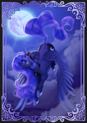 Size: 1614x2283 | Tagged: safe, artist:shibachichi, derpibooru import, princess luna, alicorn, pony, g4, beautiful, blue eyes, blue mane, blue tail, border, cloud, crepuscular rays, crown, cute, cutie mark eyes, digital art, ethereal mane, ethereal tail, eyelashes, eyeshadow, feather, female, flowing mane, flowing tail, flying, full moon, happy, hoof shoes, horn, jewelry, lidded eyes, looking at you, makeup, mare, mare in the moon, moon, moonlight, night, peytral, princess shoes, regalia, signature, sky, smiling, smiling at you, solo, speedpaint, spread wings, starry mane, starry tail, stars, tail, tiara, wingding eyes, wings, wings down