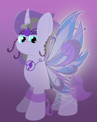 Size: 1640x2056 | Tagged: safe, artist:kosmiktym, derpibooru import, oc, oc only, oc:dallasite duskdrop, alicorn, pony, accessory, background, blue eyes, butterfly wings, clothes, colored wings, curved horn, fairy, fairy wings, glowing, glowing wings, gradient background, headpiece, horn, jewelry, lineless, looking down, multicolored wings, necklace, skirt, smiling, solo, sparkly wings, spread wings, three toned mane, wings