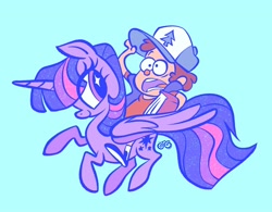 Size: 2048x1600 | Tagged: safe, artist:janegumball, derpibooru import, part of a set, twilight sparkle, twilight sparkle (alicorn), alicorn, human, pony, g4, alternate cutie mark, bangs, baseball cap, big eyes, blue background, brown hair, cap, clothes, colored, crossover, dipper pines, duo, duo male and female, eye clipping through hair, female, flat colors, flying, folded wings, frown, gravity falls, hat, holding book, holding hat, horn, humans riding ponies, light skin, long mane, long tail, looking at someone, looking back, male, mare, open frown, open mouth, panicking, profile, purple coat, purple eyes, raised hoof, raised leg, riding, riding a pony, shirt, shrunken pupils, signature, simple background, smiling, smiling at someone, sparkly eyes, straight mane, straight tail, tail, three toned mane, three toned tail, unicorn horn, vest, wingding eyes, wings