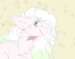 Size: 1857x1466 | Tagged: safe, artist:pretzelprince, derpibooru import, oc, oc only, earth pony, pony, 2020, artfight, blue eyes, blue pupils, body fluff, cheek fluff, chest fluff, colored eyelashes, colored pupils, ear fluff, ears, earth pony oc, eyebrows, eyebrows visible through hair, female, female oc, floppy ears, fluffy, gift art, gradient mane, green eyelashes, halfbody, hock fluff, looking back, mare, mare oc, old art, patterned background, pink coat, profile, shoulder fluff, smiling, solo, two toned mane, unnamed oc, white mane