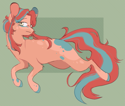 Size: 1577x1335 | Tagged: safe, artist:pretzelprince, derpibooru import, oc, oc only, earth pony, pony, 2023, ambiguous gender, artfight, blank flank, blue hooves, blush lines, blushing, chest fluff, coat markings, colored eartips, colored hooves, colored pinnae, colored sketch, ear fluff, ear markings, ears, earth pony oc, eye clipping through hair, eyebrows, eyebrows visible through hair, eyelashes, facial markings, frown, gift art, gray eyes, hooves, leg markings, lidded eyes, long mane, long tail, looking back, patterned background, raised hooves, raised leg, red coat, simple background, sketch, socks (coat marking), solo, splotches, tail, thin legs, two toned mane, two toned tail, unnamed oc