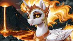 Size: 2560x1440 | Tagged: safe, ai content, artist:dovakkins, derpibooru import, machine learning assisted, daybreaker, alicorn, pony, g4, :p, badass, badass adorable, cute, diabreaker, ear fluff, ears, female, fiery mane, fiery tail, fire, folded wings, lava, looking at you, mane of fire, mare, smiling, smiling at you, solo, tail, tongue, tongue out, volcano, watermark, wavy mane, wavy tail, wings