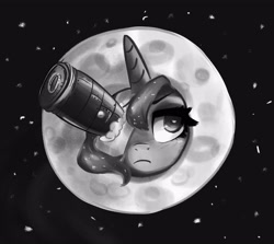 Size: 3714x3309 | Tagged: safe, artist:polnocnykot, derpibooru import, princess luna, alicorn, pony, :c, >:c, angry, black and white, black background, blush lines, blushing, bust, close-up, clothes, costume, cute, eyepatch, female, frown, grayscale, horn, le voyage dans la lune, mare, monochrome, moon, night, one eye closed, parody, portrait, redraw, simple background, solo, stars