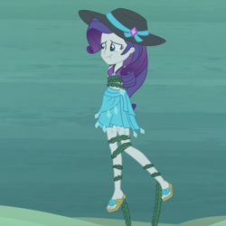 Size: 2000x2000 | Tagged: safe, artist:nie-martw-sie-o-mnie, derpibooru import, rarity, human, equestria girls, g4, asphyxiation, bikini, clothes, damsel in distress, drowning, female, hat, high res, holding breath, ocean, peril, rarity's beach shorts swimsuit, rarity's blue sarong, rarity's purple bikini, sandals, seaweed, solo, sun hat, swimsuit, tied up, underwater, water