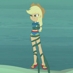 Size: 2000x2000 | Tagged: safe, artist:nie-martw-sie-o-mnie, derpibooru import, applejack, human, equestria girls, g4, applejack's beach shorts swimsuit, asphyxiation, clothes, cowboy hat, damsel in distress, drowning, female, hat, high res, holding breath, ocean, peril, sandals, seaweed, solo, swimsuit, tied up, underwater, water