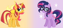 Size: 2216x988 | Tagged: safe, artist:cmors12, derpibooru import, sunset shimmer, twilight sparkle, unicorn twilight, unicorn, g4, alternate hairstyle, cutie mark, duo, duo female, ember's worst nightmare, female, glasses, horn, mane swap