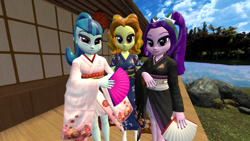 Size: 1920x1080 | Tagged: safe, artist:oatmeal!, derpibooru import, adagio dazzle, aria blaze, sonata dusk, human, equestria girls, g4, 3d, accessory swap, clothes, dress, fan, female, gmod, group, holding, japanese, kimono (clothing), lake, looking at you, shrine, standing, trio, trio female, water, yukata