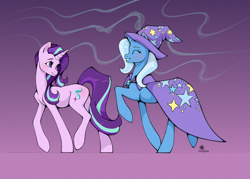 Size: 2000x1428 | Tagged: safe, artist:lilitepsilon, derpibooru import, starlight glimmer, trixie, pony, unicorn, g4, cape, clothes, duo, duo female, eyes closed, female, gradient background, grin, horn, mare, smiling, trixie's cape, walking