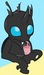 Size: 666x1120 | Tagged: safe, artist:bjsampson, derpibooru import, changeling, changeling feeding, cute, cuteling, drink, drone, fangs, happy, heart, looking up, love, milkshake, simple background, smiling, straw