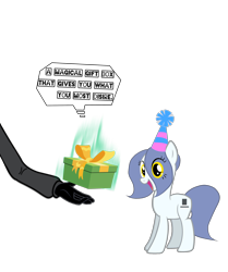 Size: 2014x2407 | Tagged: safe, derpibooru import, oc, oc only, oc:epitec incognito, oc:hattsy, earth pony, human, pony, g4, birthday, birthday gift, birthday gift art, blue mane, blue tail, clothes, dialogue, gift art, gloves, golden eyes, happy, hat, it's not inpector gadget!, open mouth, party hat, present, simple background, tail, transparent background, vector, vector used, white coat