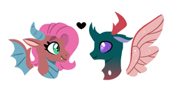 Size: 887x472 | Tagged: safe, artist:queerhorses, derpibooru import, mina, pharynx, changeling, dragon, base used, bust, female, heart, interspecies, looking at each other, looking at someone, male, ship:minarnyx, shipping, straight