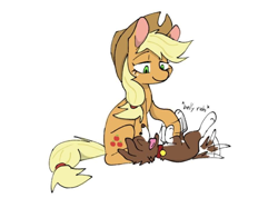 Size: 960x682 | Tagged: safe, artist:kosshkkosshk1, derpibooru import, applejack, winona, dog, earth pony, pony, g4, applejack's hat, bellyrubs, clothes, cowboy hat, female, hat, lidded eyes, lying down, mare, on back, simple background, sitting, solo, white background