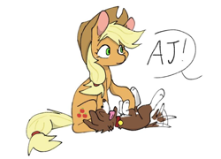 Size: 938x674 | Tagged: safe, artist:kosshkkosshk1, derpibooru import, applejack, earth pony, pony, g4, applejack's hat, bellyrubs, clothes, cowboy hat, dialogue, female, hat, lying down, mare, offscreen character, on back, simple background, sitting, solo, speech bubble, white background